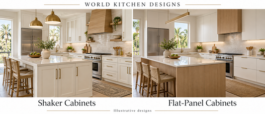 Side-by-side illustrative kitchens showing white Shaker cabinets with recessed panels and smooth white flat-panel cabinets with an oak island, branded World Kitchen Designs