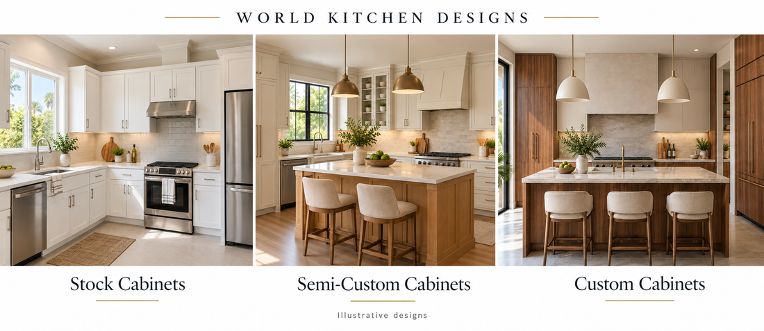 World Kitchen Designs cabinet comparison: white shaker stock cabinets, cream semi-custom cabinets with an oak island, and walnut and ivory custom cabinets with a stone-topped island. Illustrative designs