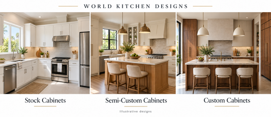 World Kitchen Designs cabinet comparison: white shaker stock cabinets, cream semi-custom cabinets with an oak island, and walnut and ivory custom cabinets with a stone-topped island. Illustrative designs