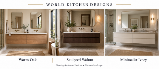 Three floating bathroom vanity designs: warm oak with double sinks, fluted walnut with a single sink, and minimalist ivory with double sinks. World Kitchen Designs illustrative designs.