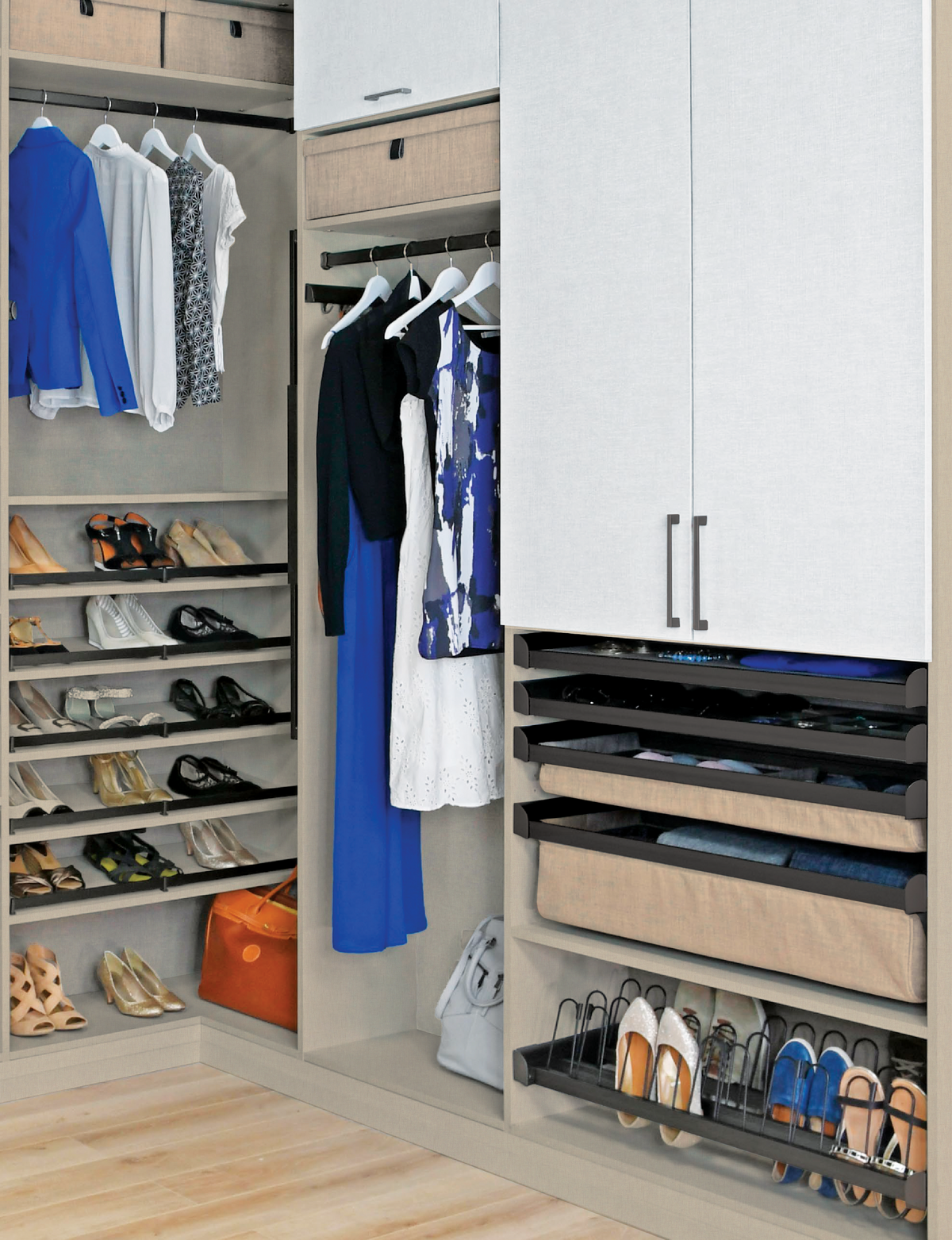 Custom walk-in closet with shelving and hanging space
