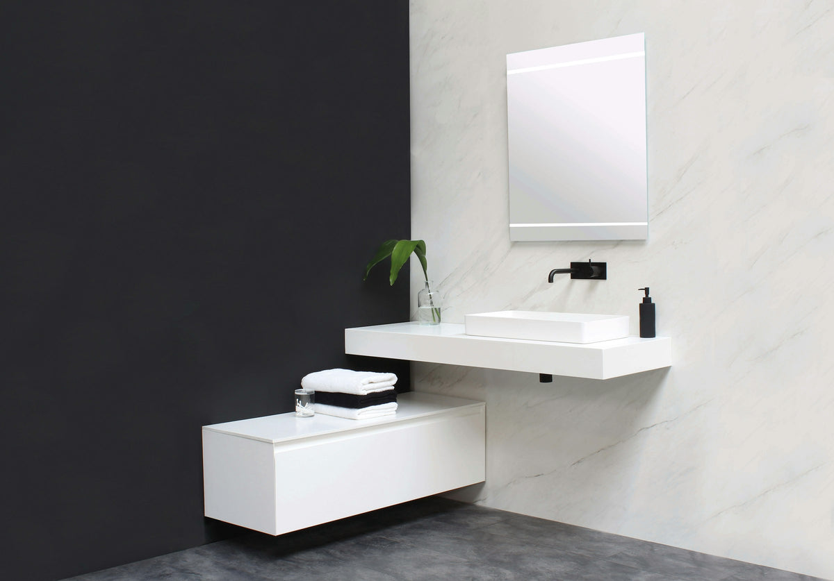 Floating vanity with a white sink
