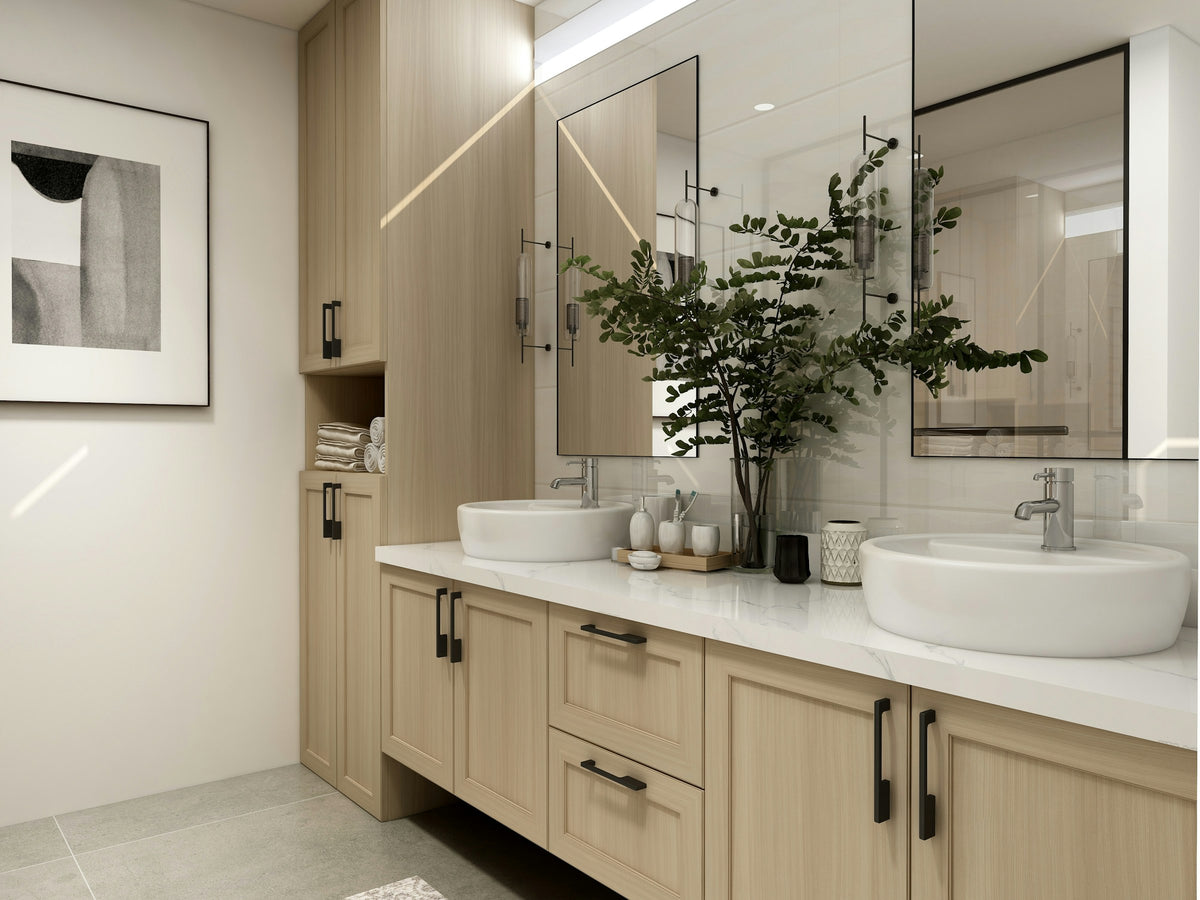 Modern vanity with a white sink and faucet