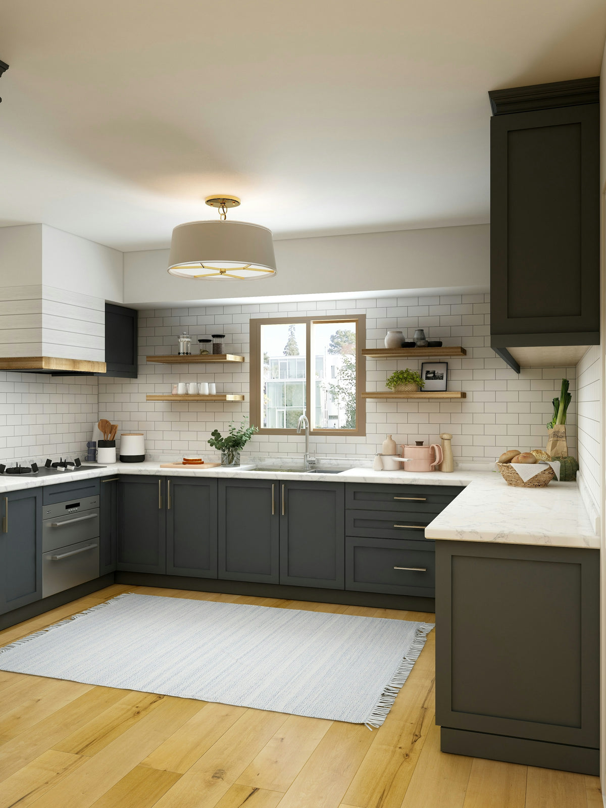 Two-tone kitchen with white and natural wood cabinetry