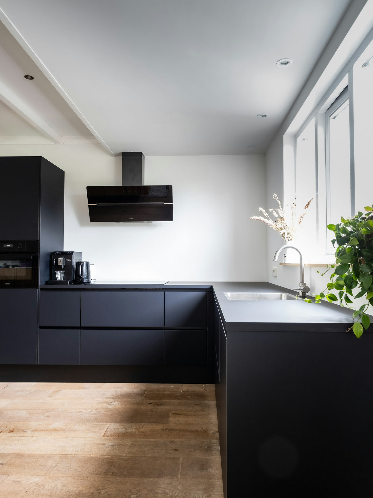 Modern kitchen with matte black flat-panel cabinets and wood flooring