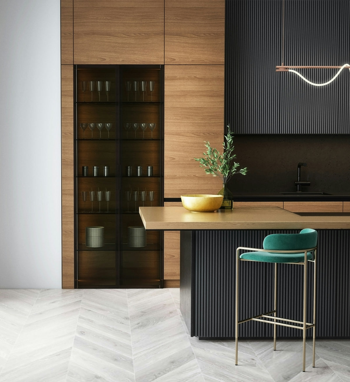 Modern kitchen with warm wood flat-panel cabinets