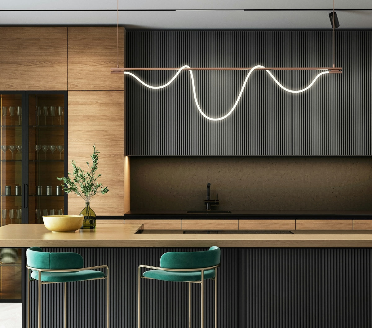 Modern kitchen with a bar and stools