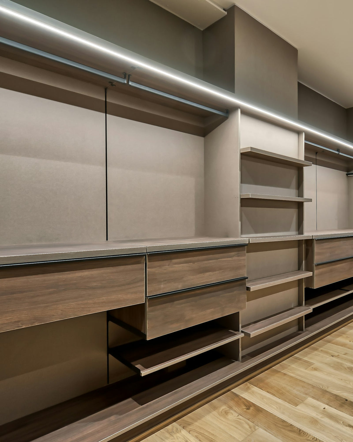 Walk-in closet with custom cabinetry, detail view