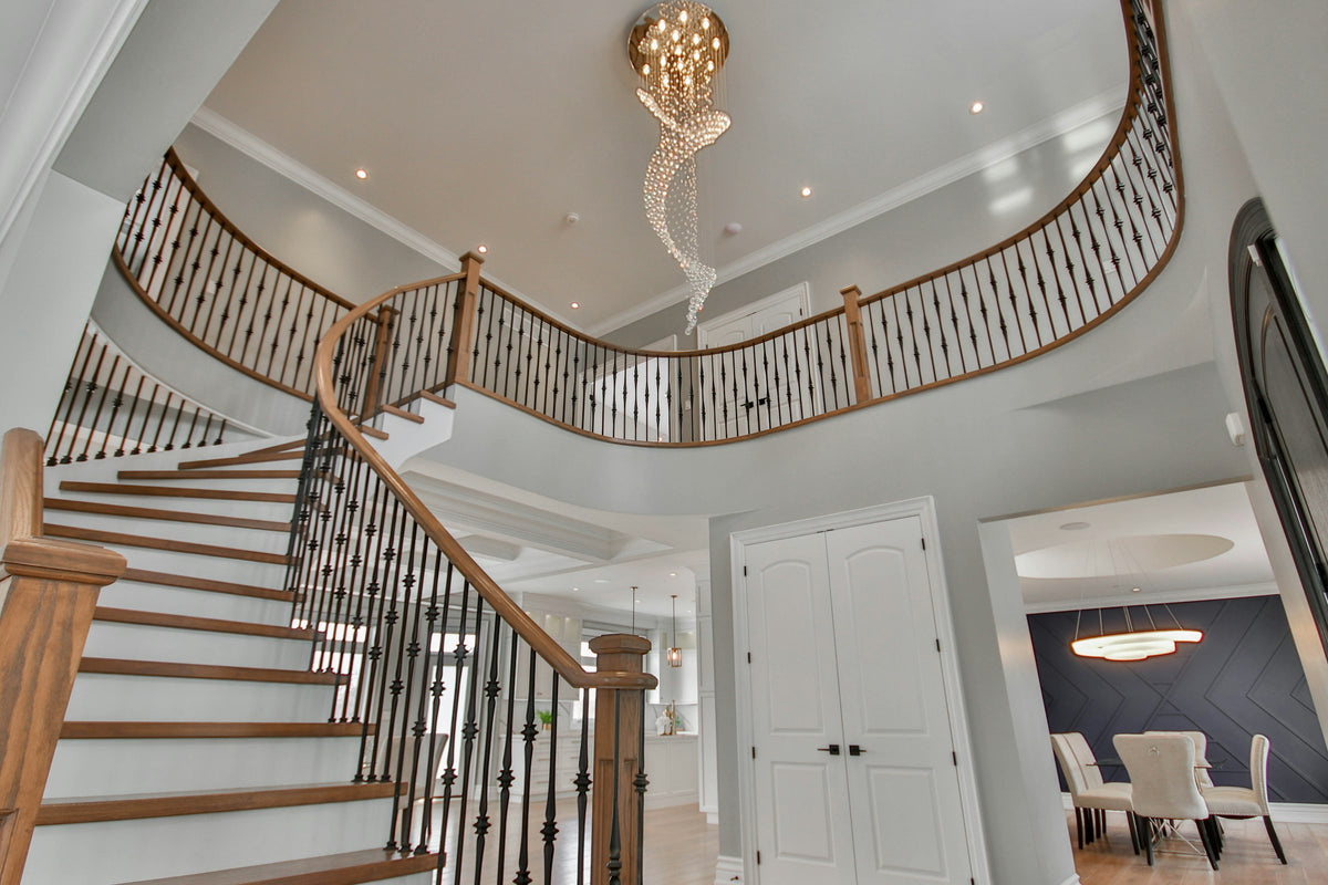 Staircase with a chandelier