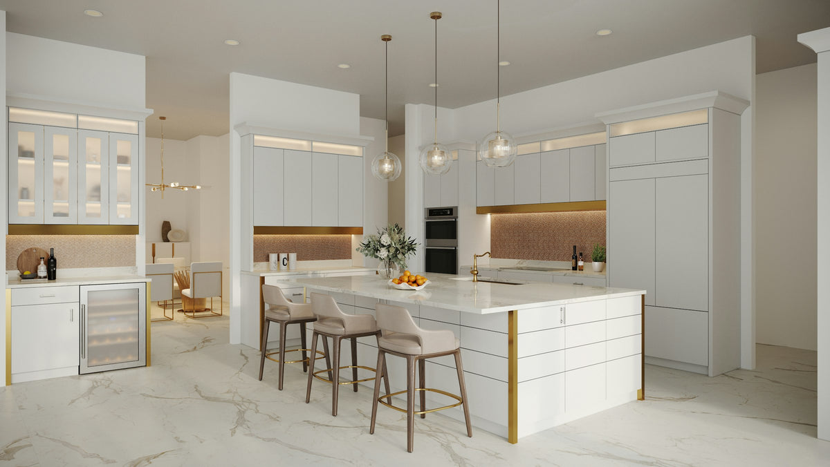 Kitchen with white cabinets and marble countertops