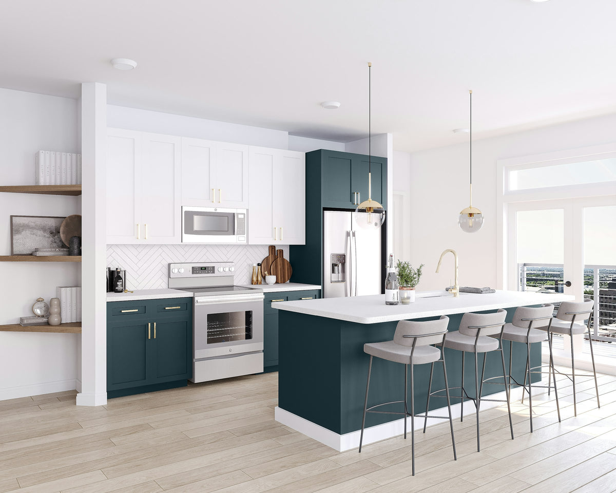 Large kitchen with a center island and bar stools
