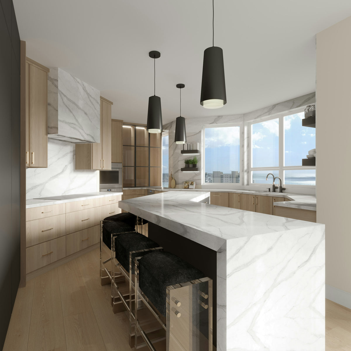 Large kitchen with a marble countertop