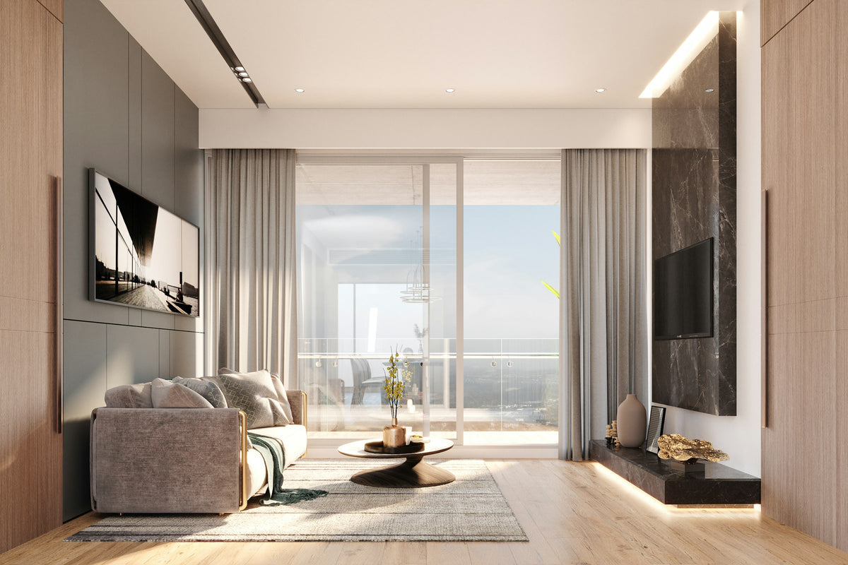 Modern living room with a large window and ocean view