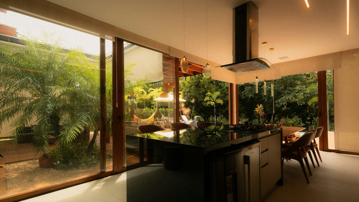 Modern kitchen island with a garden view