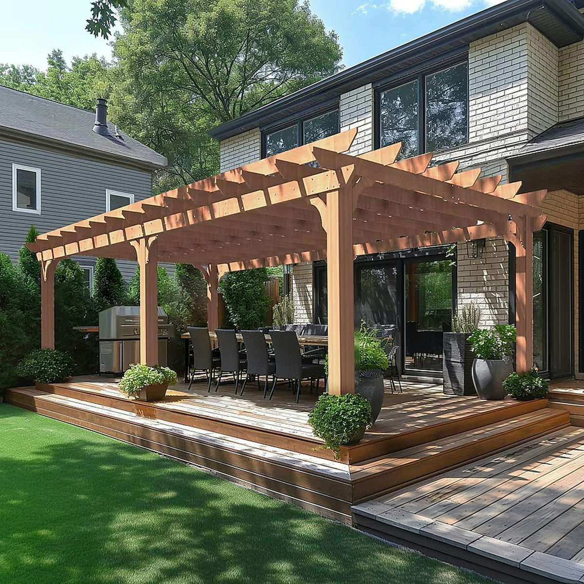 Wooden pergola over an outdoor dining area with a grill