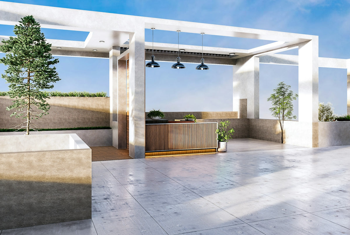 Outdoor lounge area with a bar and plants