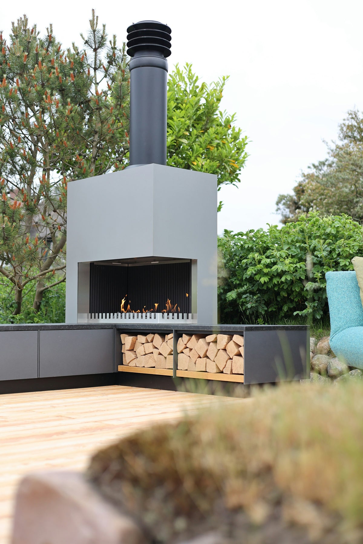Outdoor fireplace on a deck